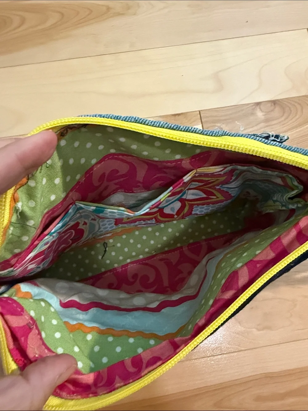 Colorful Custom Denim Wristlet Pouch with Yellow Zip new